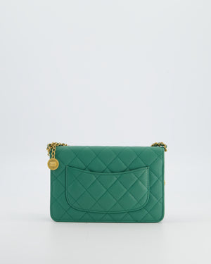 Chanel Teal Wallet on Chain Bag in Caviar Leather with Brushed Gold Hardware and Medallion Chain