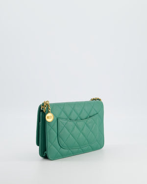 Chanel Teal Wallet on Chain Bag in Caviar Leather with Brushed Gold Hardware and Medallion Chain