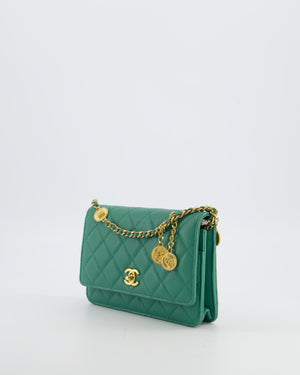 Chanel Teal Wallet on Chain Bag in Caviar Leather with Brushed Gold Hardware and Medallion Chain