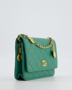Chanel Teal Wallet on Chain Bag in Caviar Leather with Brushed Gold Hardware and Medallion Chain