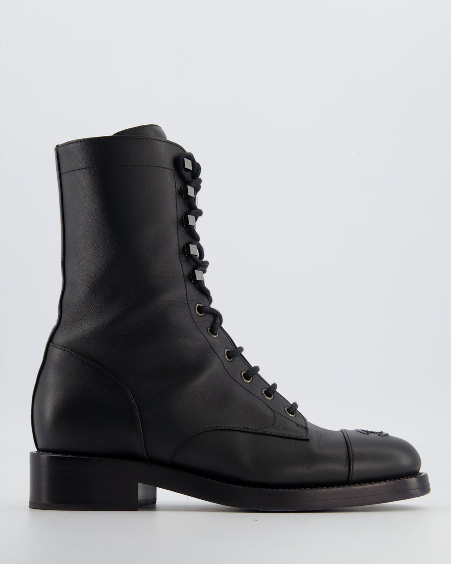 Chanel Black Lace Up CC Military Boots Size EU 39.5C