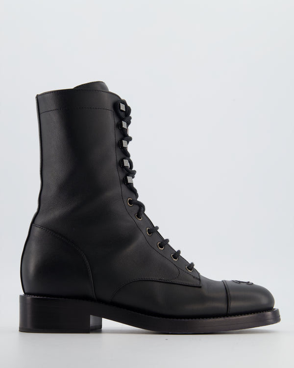 Chanel Black Lace Up CC Military Boots Size EU 39.5C