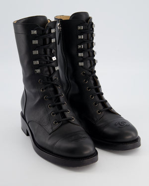 Chanel Black Lace Up CC Military Boots Size EU 39.5C