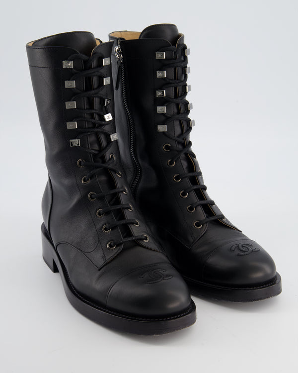 Chanel Black Lace Up CC Military Boots Size EU 39.5C