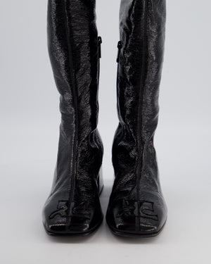Courrèges Black Patent Knee High Logo Boots Size EU 39