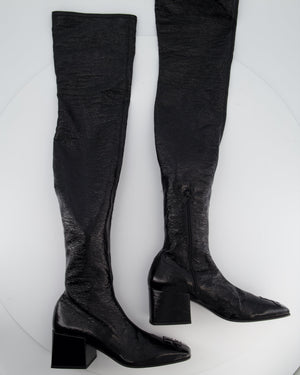 Courrèges Black Patent Knee High Logo Boots Size EU 39