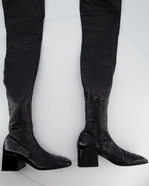Courrèges Black Patent Knee High Logo Boots Size EU 39