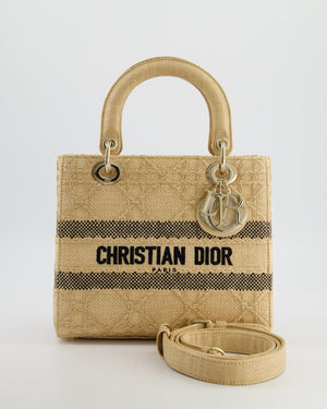 Christian Dior Medium Lady D-Lite Bag in Natural Raffia-Effect Cannage Technical Material and Black Logo With Champagne Gold Hardware