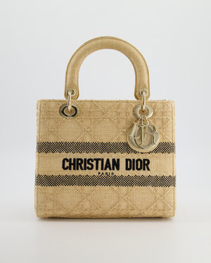 Christian Dior Medium Lady D-Lite Bag in Natural Raffia-Effect Cannage Technical Material and Black Logo With Champagne Gold Hardware