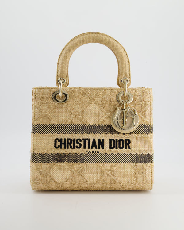 Christian Dior Medium Lady D-Lite Bag in Natural Raffia-Effect Cannage Technical Material and Black Logo With Champagne Gold Hardware