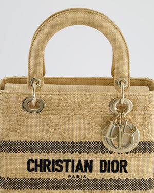 Christian Dior Medium Lady D-Lite Bag in Natural Raffia-Effect Cannage Technical Material and Black Logo With Champagne Gold Hardware