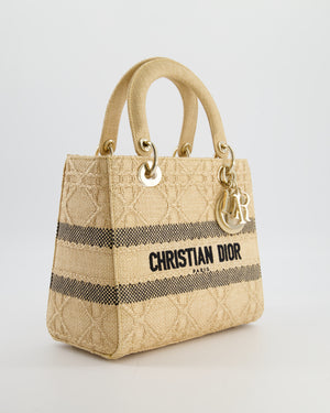 Christian Dior Medium Lady D-Lite Bag in Natural Raffia-Effect Cannage Technical Material and Black Logo With Champagne Gold Hardware