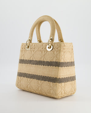 Christian Dior Medium Lady D-Lite Bag in Natural Raffia-Effect Cannage Technical Material and Black Logo With Champagne Gold Hardware