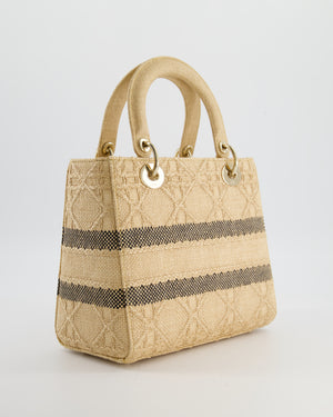 Christian Dior Medium Lady D-Lite Bag in Natural Raffia-Effect Cannage Technical Material and Black Logo With Champagne Gold Hardware