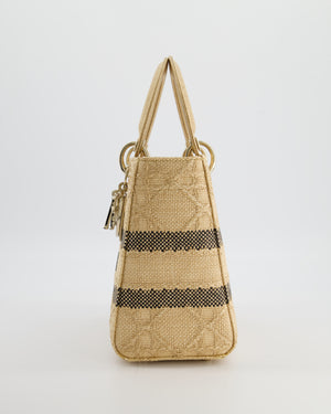 Christian Dior Medium Lady D-Lite Bag in Natural Raffia-Effect Cannage Technical Material and Black Logo With Champagne Gold Hardware