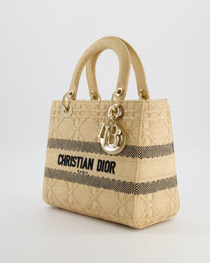 Christian Dior Medium Lady D-Lite Bag in Natural Raffia-Effect Cannage Technical Material and Black Logo With Champagne Gold Hardware