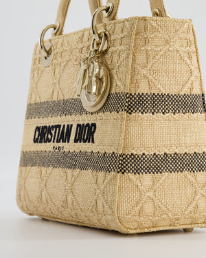 Christian Dior Medium Lady D-Lite Bag in Natural Raffia-Effect Cannage Technical Material and Black Logo With Champagne Gold Hardware