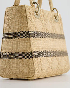 Christian Dior Medium Lady D-Lite Bag in Natural Raffia-Effect Cannage Technical Material and Black Logo With Champagne Gold Hardware
