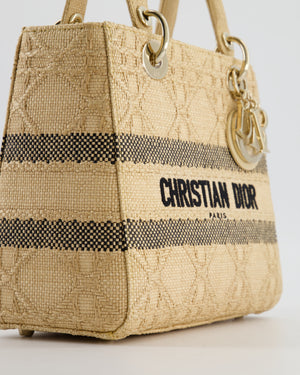 Christian Dior Medium Lady D-Lite Bag in Natural Raffia-Effect Cannage Technical Material and Black Logo With Champagne Gold Hardware