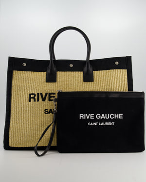 Saint Laurent Rive Gauche Beige and Black Raffia Tote Bag with Silver Hardware
