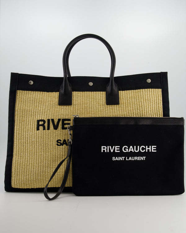Saint Laurent Rive Gauche Beige and Black Raffia Tote Bag with Silver Hardware