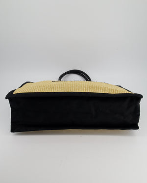 Saint Laurent Rive Gauche Beige and Black Raffia Tote Bag with Silver Hardware