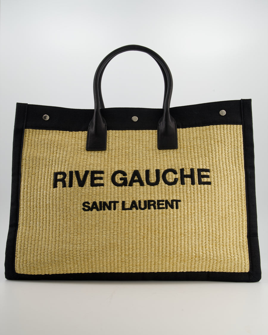 Saint Laurent Rive Gauche Beige and Black Raffia Tote Bag with Silver Hardware