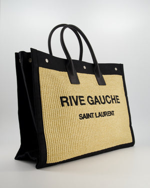 Saint Laurent Rive Gauche Beige and Black Raffia Tote Bag with Silver Hardware