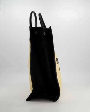 Saint Laurent Rive Gauche Beige and Black Raffia Tote Bag with Silver Hardware