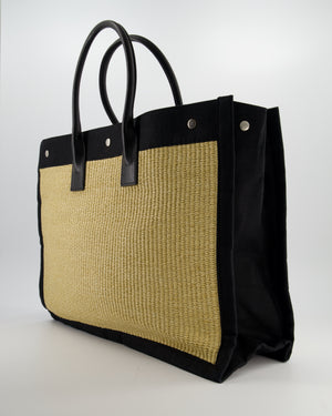 Saint Laurent Rive Gauche Beige and Black Raffia Tote Bag with Silver Hardware