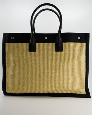 Saint Laurent Rive Gauche Beige and Black Raffia Tote Bag with Silver Hardware