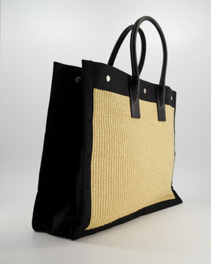 Saint Laurent Rive Gauche Beige and Black Raffia Tote Bag with Silver Hardware