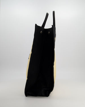 Saint Laurent Rive Gauche Beige and Black Raffia Tote Bag with Silver Hardware