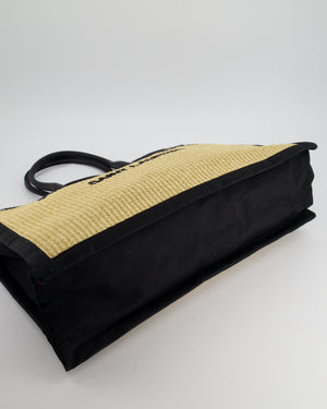 Saint Laurent Rive Gauche Beige and Black Raffia Tote Bag with Silver Hardware