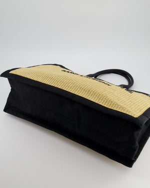 Saint Laurent Rive Gauche Beige and Black Raffia Tote Bag with Silver Hardware