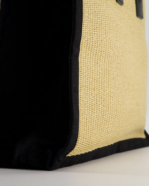 Saint Laurent Rive Gauche Beige and Black Raffia Tote Bag with Silver Hardware