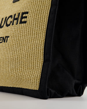 Saint Laurent Rive Gauche Beige and Black Raffia Tote Bag with Silver Hardware