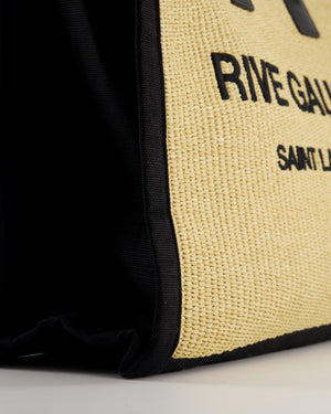 Saint Laurent Rive Gauche Beige and Black Raffia Tote Bag with Silver Hardware