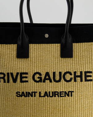 Saint Laurent Rive Gauche Beige and Black Raffia Tote Bag with Silver Hardware