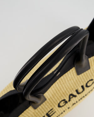 Saint Laurent Rive Gauche Beige and Black Raffia Tote Bag with Silver Hardware