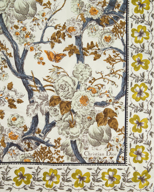 Christian Dior White Yellow and Black Floral Printed Silk Scarf 70cm
