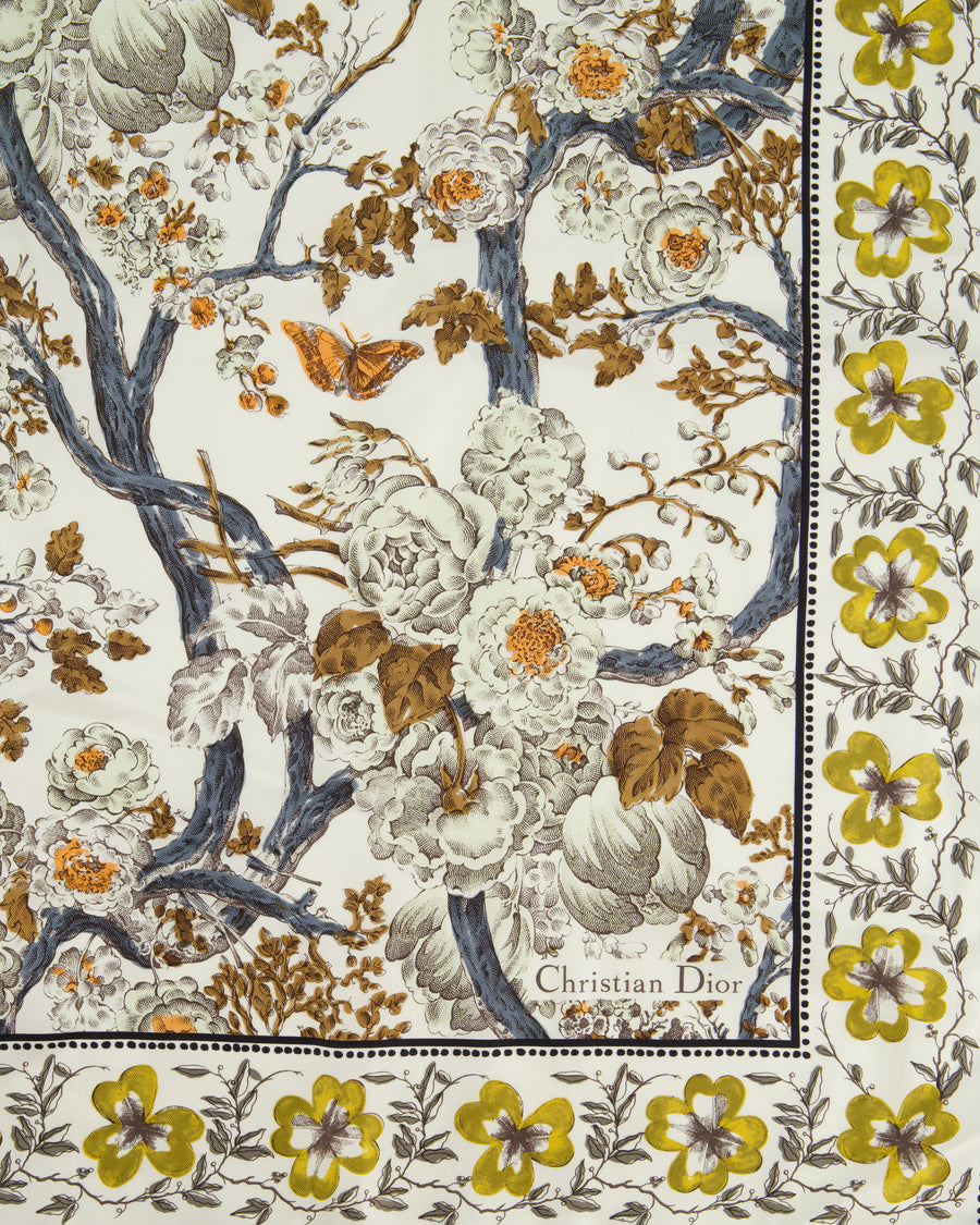 Christian Dior White Yellow and Black Floral Printed Silk Scarf 70cm