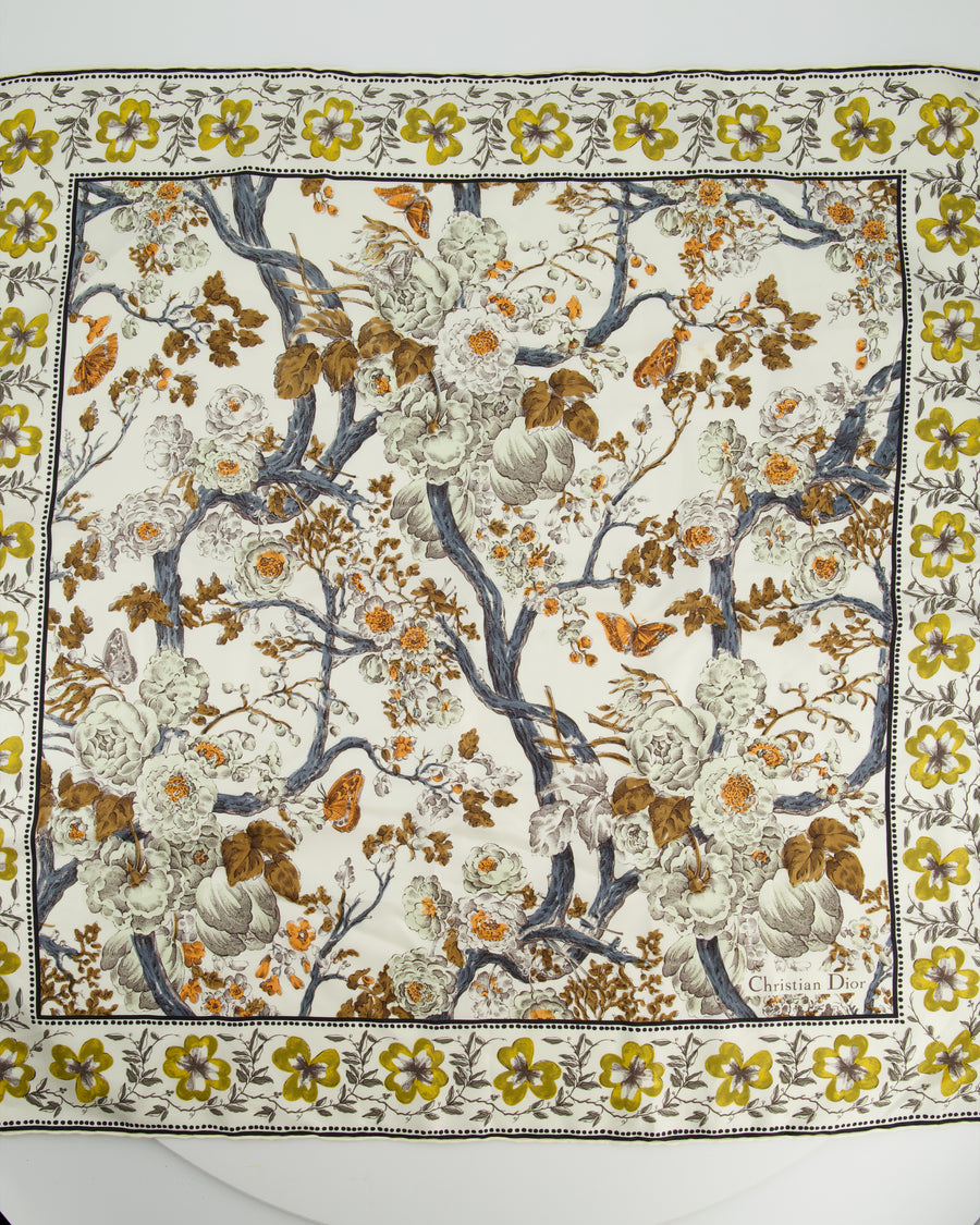 Christian Dior White Yellow and Black Floral Printed Silk Scarf 70cm