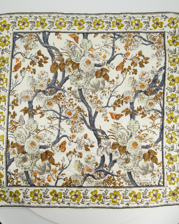 Christian Dior White Yellow and Black Floral Printed Silk Scarf 70cm