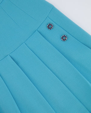 Dolce & Gabbana Light Blue Wool Pleated Mini Skirt with Crystal Embellished Buttons Size IT 42 (UK 10)