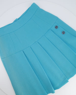Dolce & Gabbana Light Blue Wool Pleated Mini Skirt with Crystal Embellished Buttons Size IT 42 (UK 10)