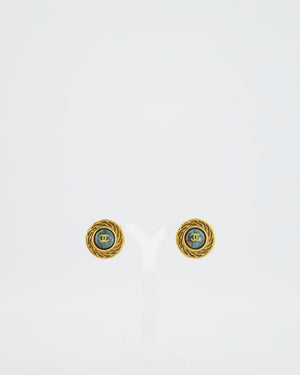 Chanel Vintage Gold and Turquoise Round Clip On Earrings with CC Logo Detail