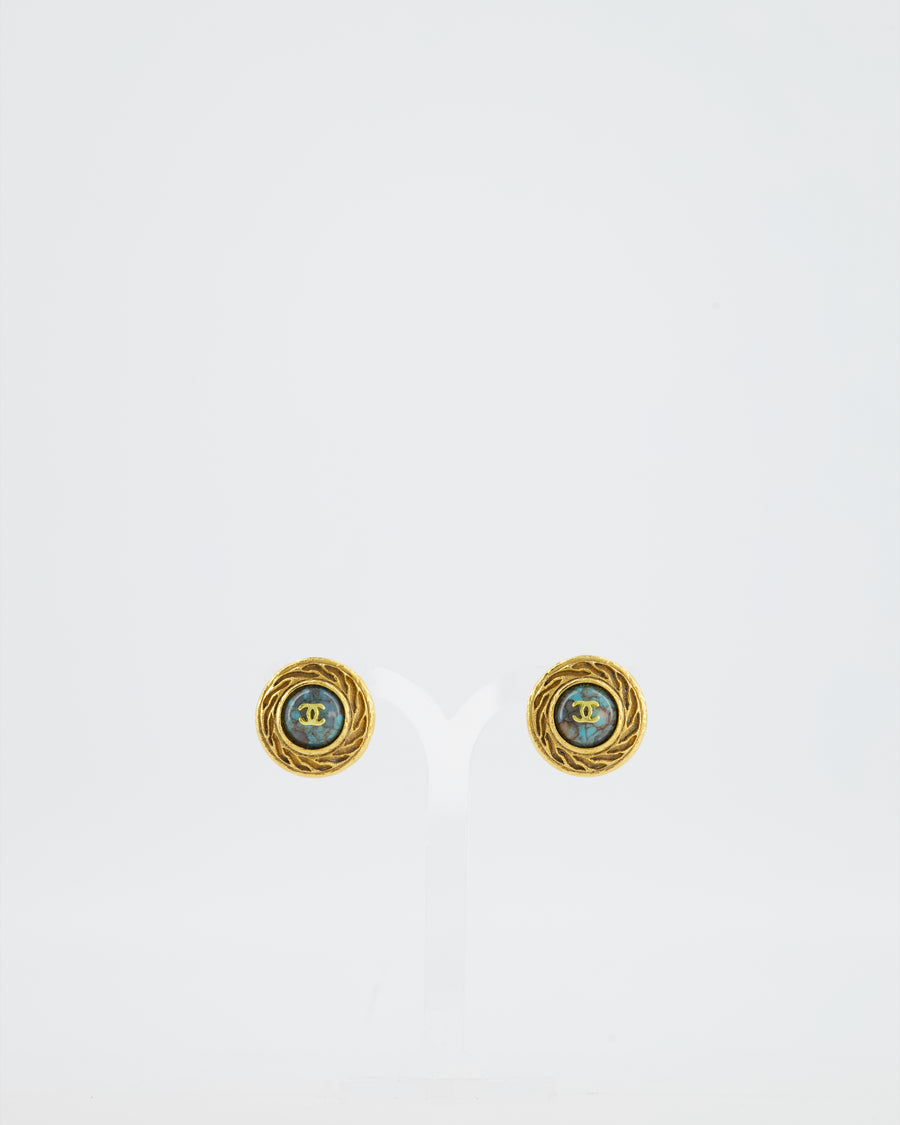 Chanel Vintage Gold and Turquoise Round Clip On Earrings with CC Logo Detail