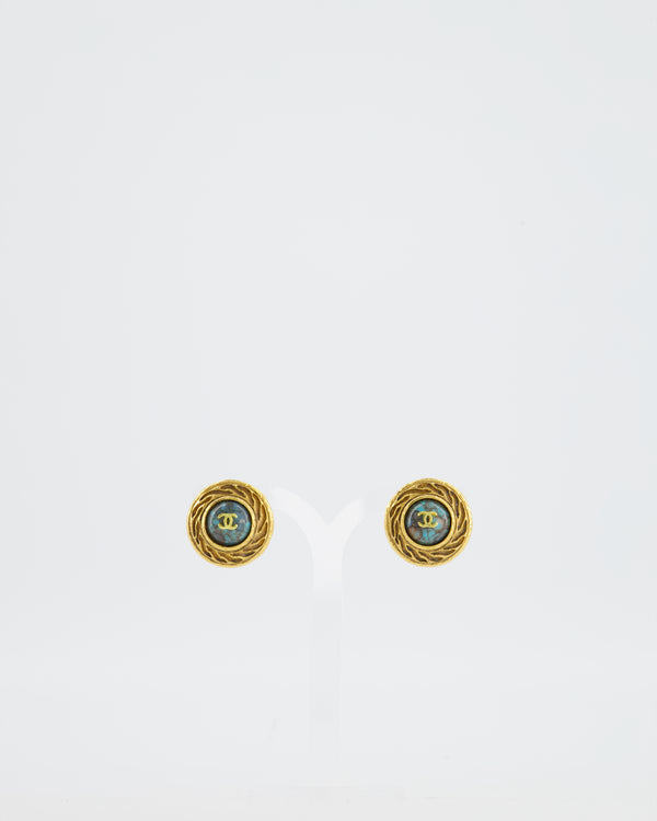 Chanel Vintage Gold and Turquoise Round Clip On Earrings with CC Logo Detail