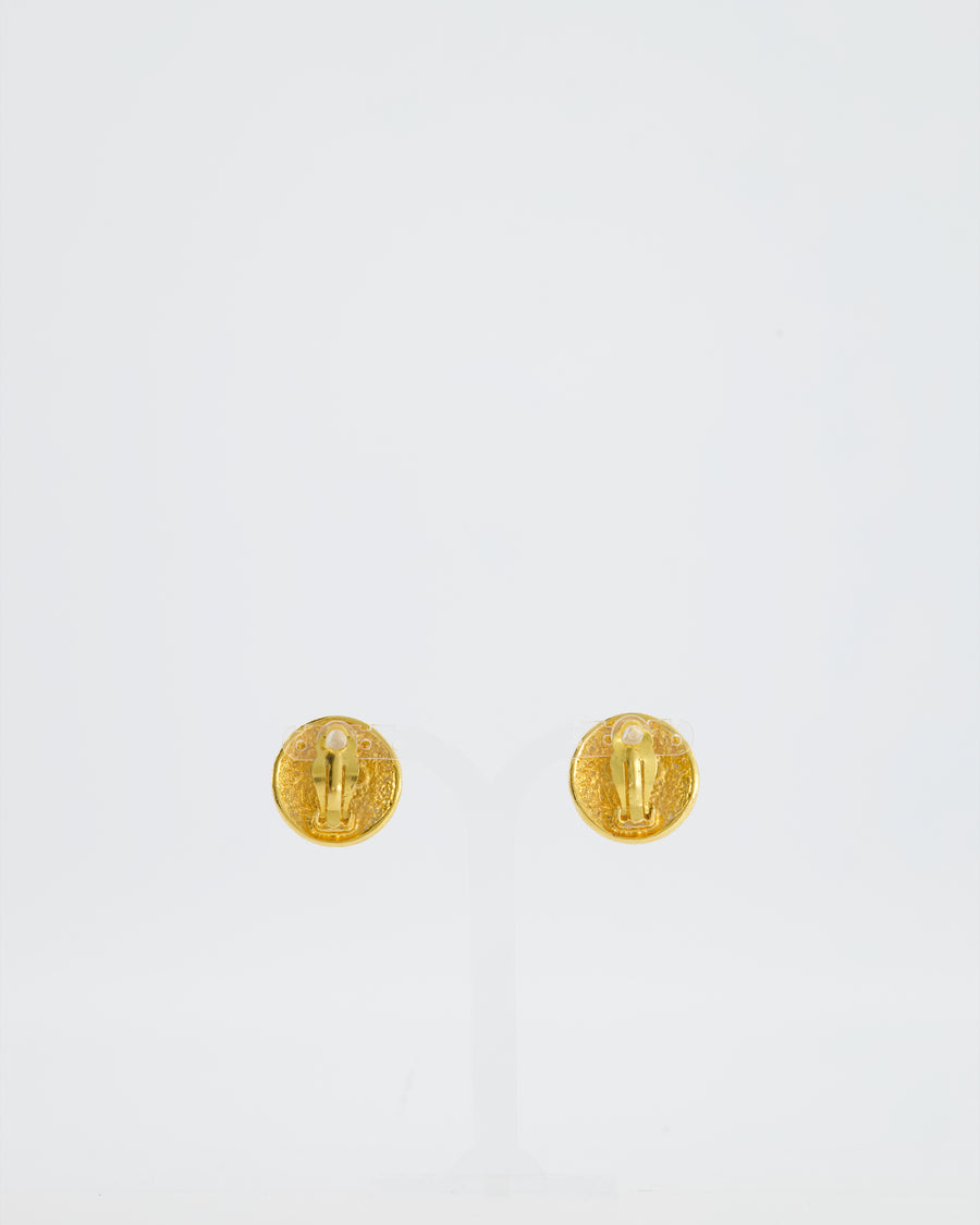 Chanel Vintage Gold and Turquoise Round Clip On Earrings with CC Logo Detail